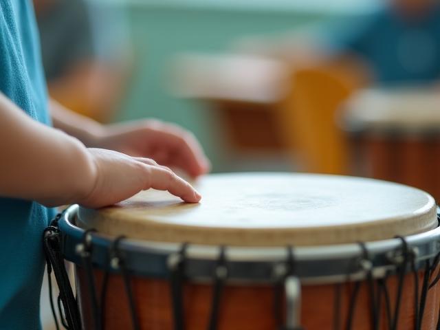 A close-up of a student playing a hand drum, focusing and engaged