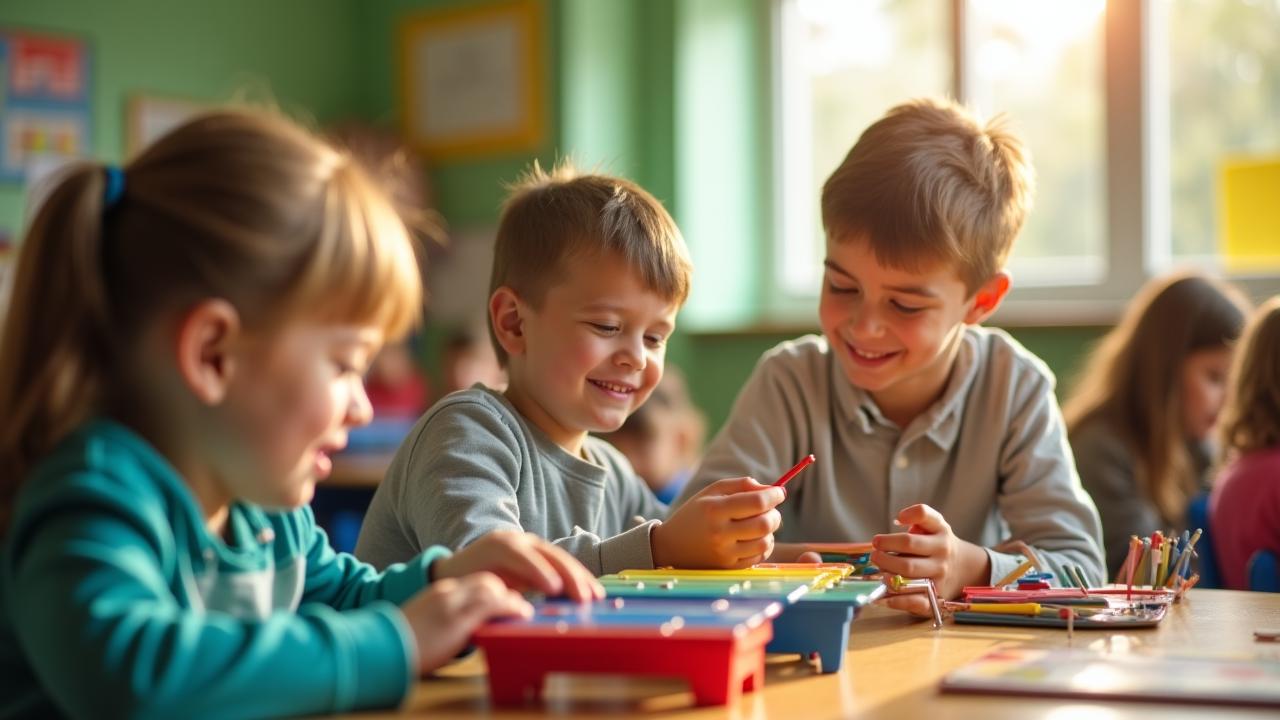 Children in a Dublin classroom using colorful percussion instruments to express themselves