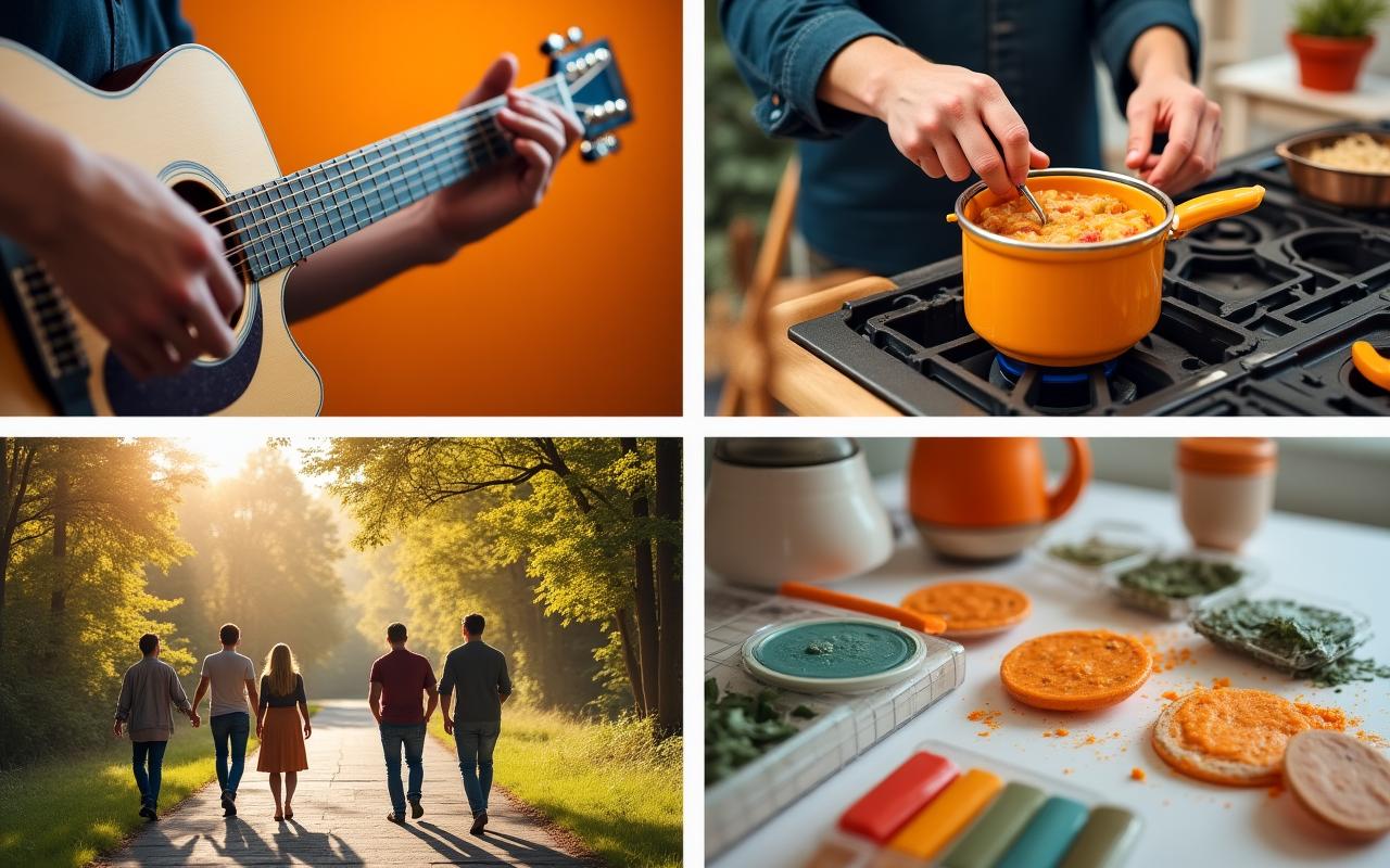 Collage of community activities including music, art, and cooking