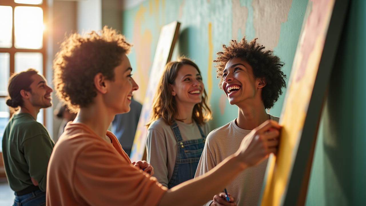 Adults laughing while working on a craft project together