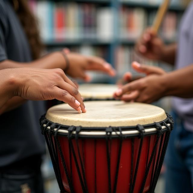 People playing hand drums together in a library