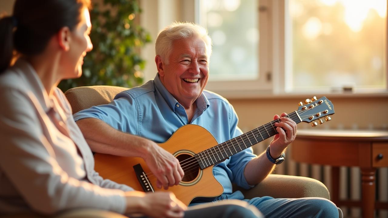 Facilitator laughing with elderly resident during music session