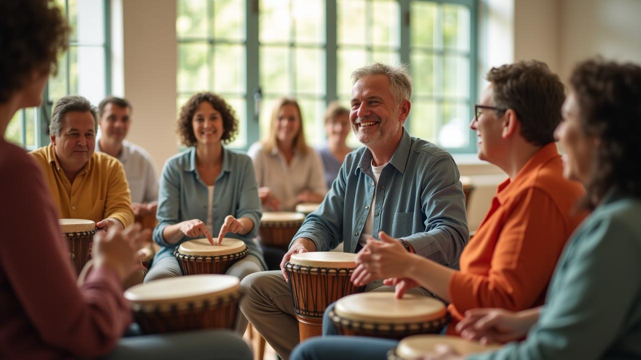 A group of diverse people participating in a communal music circle with hand drums